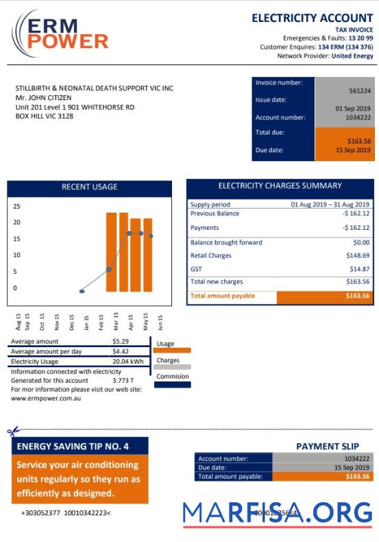 Printable Australia ERM Power electricity proof of address utility bill download for verification